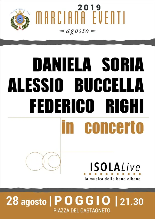 IsolaLive, la musica delle band elbane: Daniela Soria, Alessio Buscelli e Federico Righi in concerto
