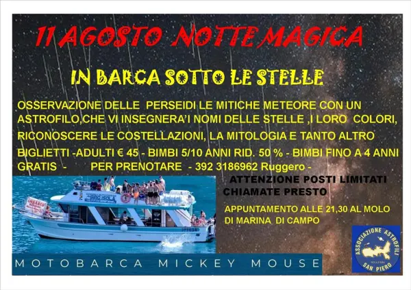 Domenica 11 Agosto Serata Magica in Barca sotto le Stelle e le Meteore 