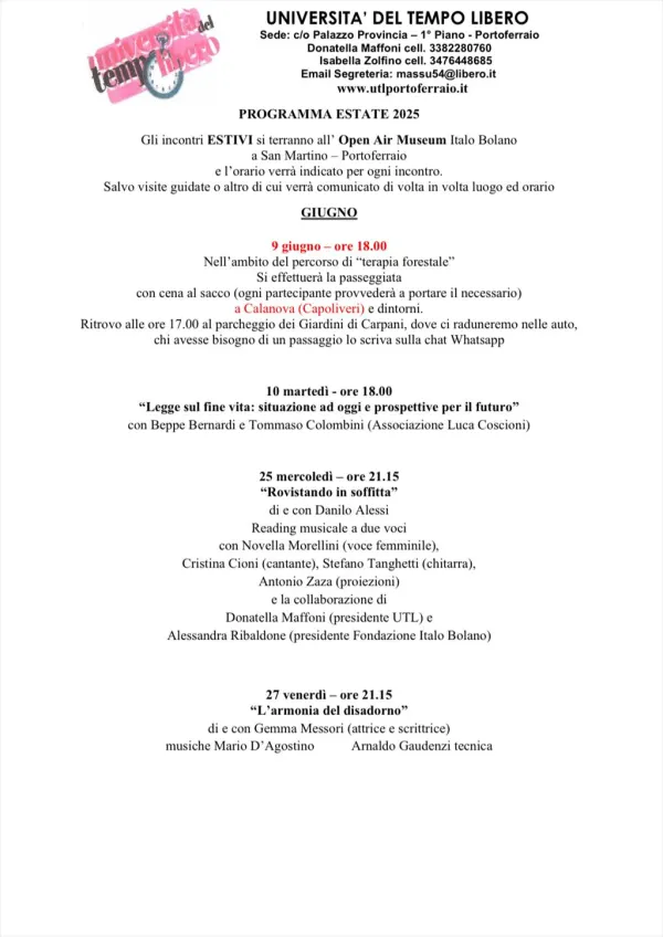 Eventi estivi Università del Tempo Libero di Portoferraio 