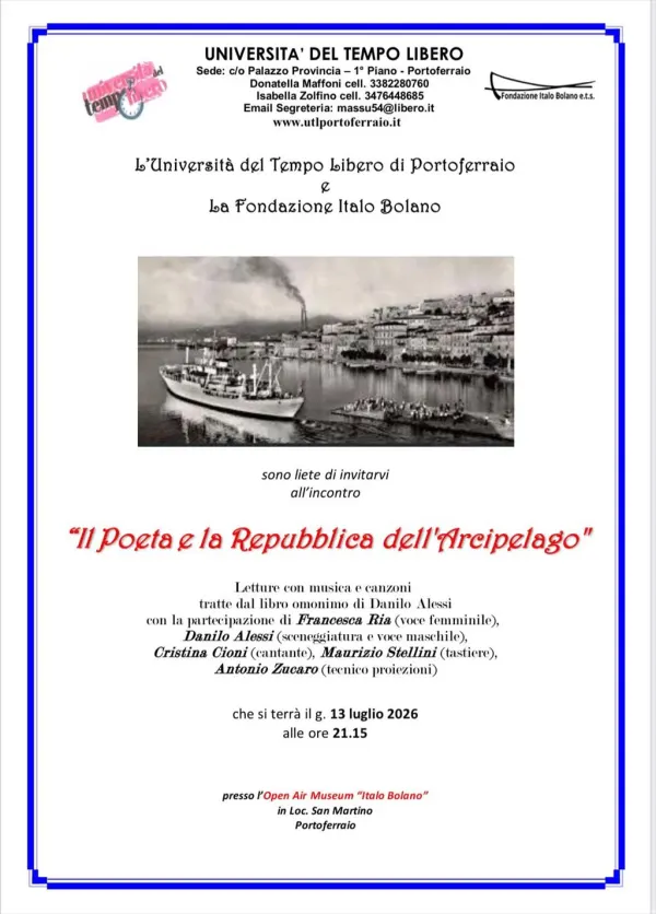 UTL di Portoferraio all'Open Air Museum Italo Bolano presenta Reading musicale "Il Poeta e la Repubblica dell'Arcipelago" 